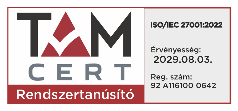 TAM CERT tanúsítványjelvény: ISO/IEC 27001:2022, reg. szám 92 A116100 0642